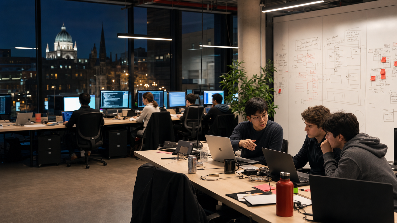 Founders at work in the Link Studio space, Cambridge skyline visible through the windows.